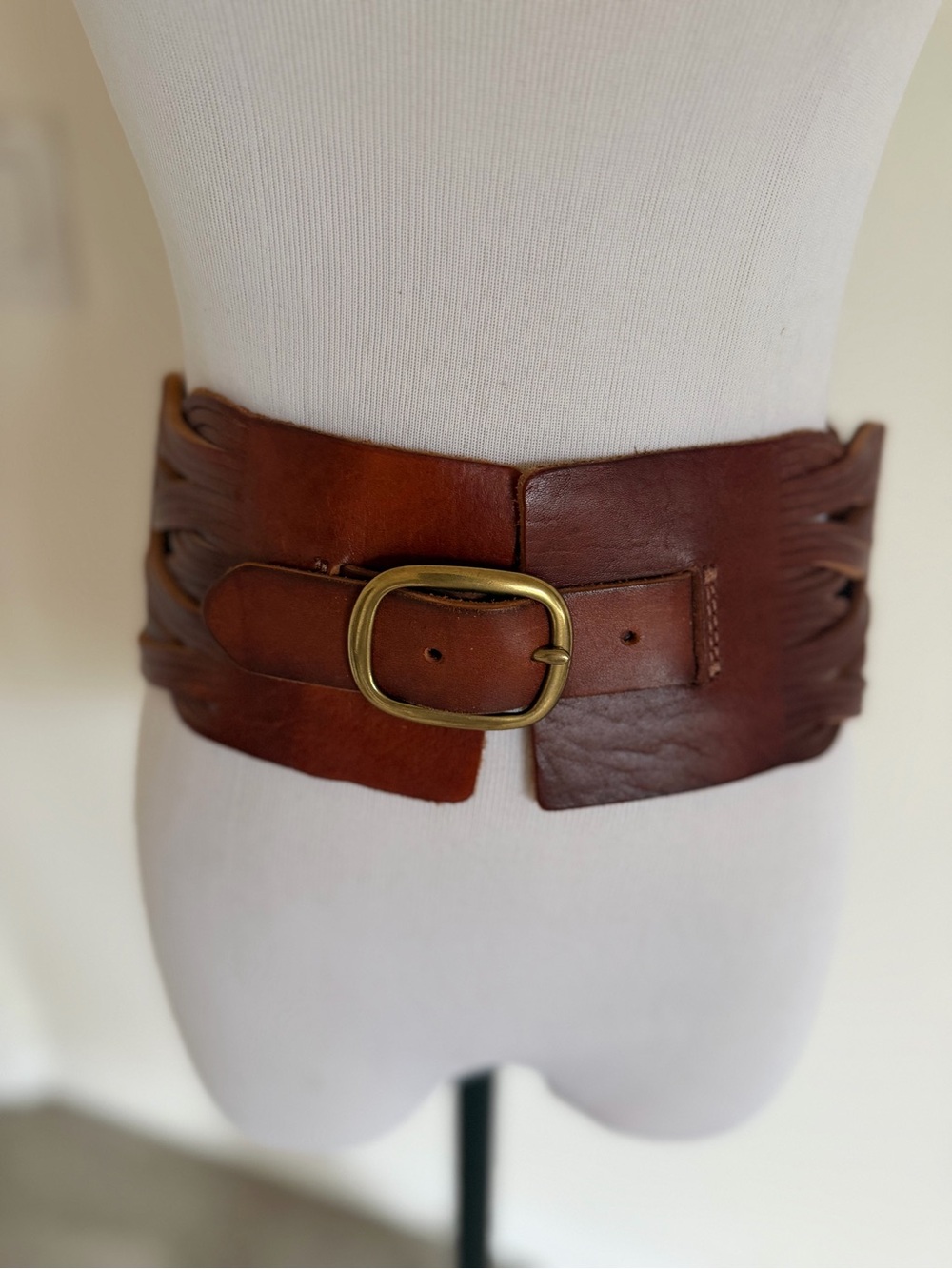 Vintage Wide Brown Leather Belt with Brass Buckle Stretches
